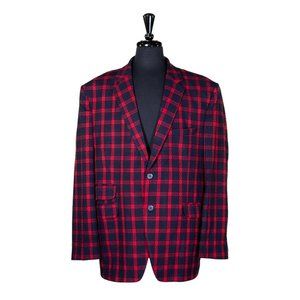 Mens Blazer Blue Red Plaid Check Wool Dress Formal Suit Jacket Sport Coat 48R